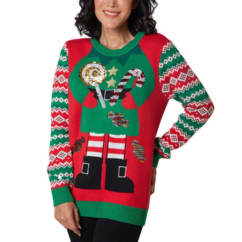 Ugly Christmas Holiday Sweater Elf Elves Sequin